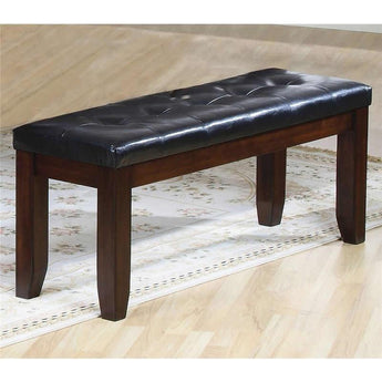 Bardstown Bench. This bench features tufted, leather-look upholstered seat, tapered legs, and a walnut finish.