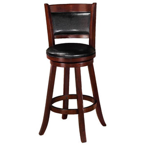 Cecil Swivel Barstool - Black/Cherry. Finished in a beautiful cherry color and paired with a rich black faux leather upholstery. The seat and back are padded for comfort and the swivel feature provides functionality.