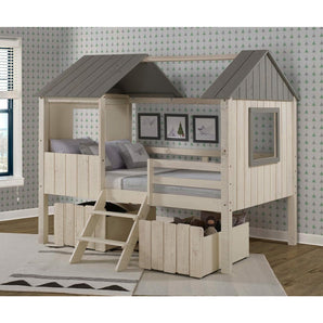 Full House Low Loft Bed with Storage Drawers-Donco/ Quality wood construction and beautiful details make this a wonderful centerpiece for your child's bedroom. It has a Rustic Sand finish and features front entry ladder steps, window cutouts, and space underneath for storage. Features a full-size upper sleeping area that Includes complete slat mattress supports. The optional under-bed Storage Drawers are the perfect solution for storing extra clothes, toys, and blankets