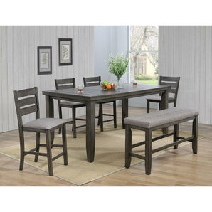 Bardstown Counter Height 6pc Dining Set - Grey. This set includes 1 table, 4 chairs and 1 bench. Features upholstered seats and plank table top. 