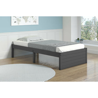 Twin Size Panel Bed with Drawers in Dark Grey. Crafted from 100% pine wood with steel reinforcements. An under bed storage drawer is available.
