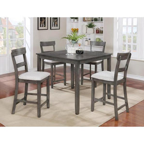 Henderson 5pc Dining Set - Grey. The table features a square top and tapered legs and the stools offer a ladder back and an upholstered seat.