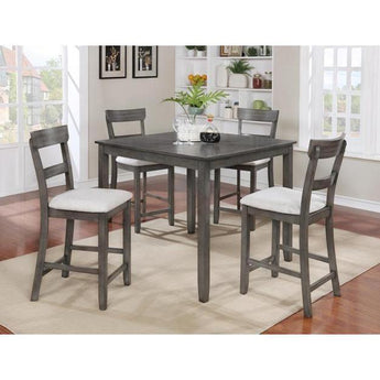 Henderson 5pc Dining Set - Grey. The table features a square top and tapered legs and the stools offer a ladder back and an upholstered seat. 