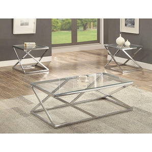 Chase 3pc Cocktail Table Set. Features clear glass tops, metal bases, and a silver finish. It comes with a cocktail table and two end tables.