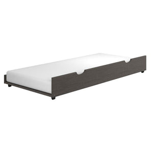 Donco Twin Pull-Out Trundle in Antique Grey. This item is a great way to save space and add sleeping space to your child's room. The included caster wheels make moving the trundle a snap. Also available in white light espresso, brown glaze, dark cappuccino, slate grey, and dark grey finish.