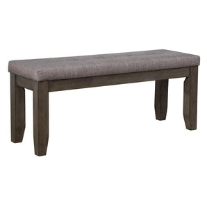 Bardstown Bench - Grey. This bench features tufted, fabric upholstered seat, tapered legs and a grey finish.  Also available in Walnut finish.