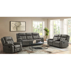 3 Piece Gray  Reclining Sofa Set. Microfiber suede-like body fabric and sturdy frame. Sofa, Loveseat and Recliner