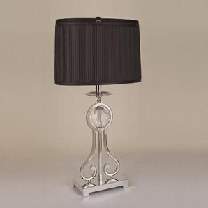 Chrome Crystal Ball Lamp features a black shade and silver base.