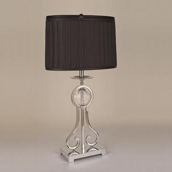 Chrome Crystal Ball Lamp features a black shade and silver base.