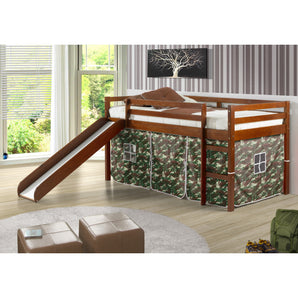 Camo Twin Loft Tent Bed with Slide - Espresso-Donco. Crafted of solid pine wood in espresso finish. The ladder and slide add some fun to even the earliest of bedtimes, while below, an open play space surrounded by tent walls creates the ultimate secret fort.