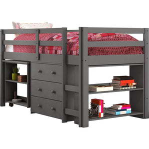 Dark Grey Twin Low Study Loft Bed-Donco. The hide-away rolling desk offers a convenient workspace for homework or projects and stores away when finished. The 2 shelf bookcases and 3 drawers chest provide tidy display space and storage for clothes, toys, or other items. Crafted from 100% pine wood in a nontoxic dark grey finish.