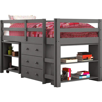Dark Grey Twin Low Study Loft Bed-Donco. The hide-away rolling desk offers a convenient workspace for homework or projects and stores away when finished. The 2 shelf bookcases and 3 drawers chest provide tidy display space and storage for clothes, toys, or other items.  Crafted from 100% pine wood in a nontoxic dark grey finish.