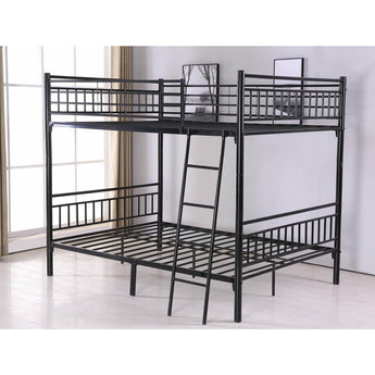 Atlantis Full/Full Bunk Bed in Black.  It comes in a black finish and features a ladder and guard rails.