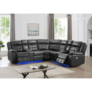 Grey Power Reclining Sectional with LED Lights. Durable construction and great comfort.