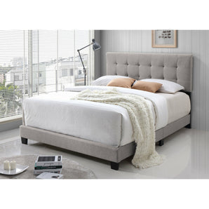 Avana Button Tufted Upholstered Bed is a fabric upholstered bed with a tufted headboard. It is available in King or Queen size. Beige color.
