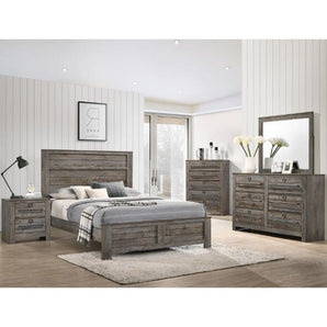 Bateson 5-Piece Bedroom Set in Brown. These pieces showcase clean lines, natural-looking wood grain, and a rich finish for sleek designs that have a homey feel. This set includes a bed, nightstand, chest of drawers and dresser and mirror.