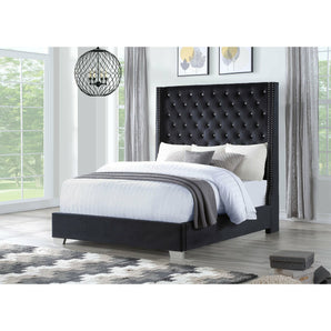 Aria Black Fabric Upholstered Bed. This bed is  tufted with crystals and has chrome nailhead trim. Available in King or Queen size.