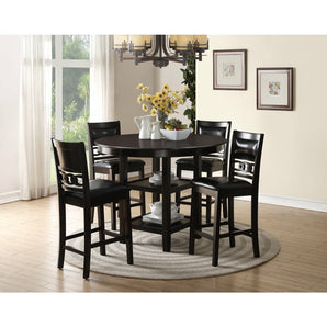 Charlotte Pub Table in Dark Walnut finish.  This features round table with lower shelf and accents on back of stools and black PU seating.
