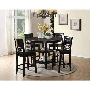 Charlotte Pub Table in Dark Walnut finish.  This features round table with lower shelf and accents on back of stools and black PU seating.