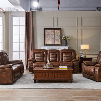 Copper Creek Brown Reclining 3 Piece Set. Upholstered in leather gel.