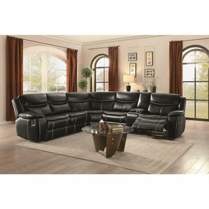 Emerson Black Reclining Sectional. This Emerson 3-piece reclining sectional offers luxurious looks and multifunction features. lt features a console with cup holders and storage, grey piping, and comes in black upholstery. Two recliners on each side. 
