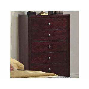 Evan 5 Drawer Chest in Deep Brown Finish. Clean and understated in design, this five-drawer dresser adds sleek storage to the bedroom in your home. It features a raised base with 5 spacious storage drawers outfitted with silver burnished knob pull hardware and geometric styling.