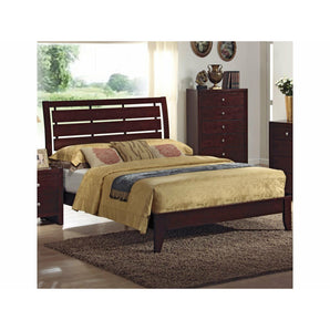 Evan Platform Bed in Deep Brown Finish. Slightly modern and clean in understated design. The panel bed with broad horizontal slats as headboard panels features a low profile footboard in a tapered feet support.