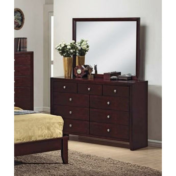 Evan Dresser & Mirror in Deep Brown Finish. Clean and understated in design, this Evan nine drawer dresser & mirror set adds sleek storage to the bedroom in your home. Also available in grey.