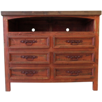 Farmhouse 50" TV Stand with 6 Drawers in Distressed Red