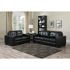 Black Sedona Sofa and Loveseat. is a stationary set upholstered in bonded leather with button tufted backs and seat cushions, track arms, and tapered block feet.
