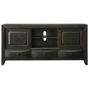 Emily TV Stand in grey finish. This entertainment center features three storage drawers for CDs, DVDs, remotes, and game controls, two middle compartments and two sliding doors. Also available in dark cherry and black.