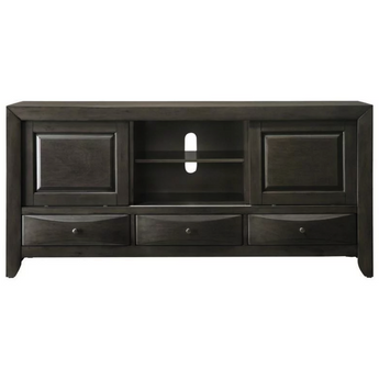 Emily TV Stand in grey finish. This entertainment center features three storage drawers for CDs, DVDs, remotes, and game controls, two middle compartments and two sliding doors. Also available in dark cherry and black.