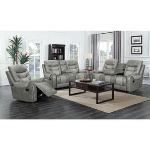 Starwood Grey Reclining Sofa Set. Durable leather upholstery. This set includes reclining sofa, loveseat and rocker recliner.