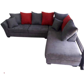 2 Piece Microfiber Grey & Red Sectional. Sofa and chaise in microfiber upholstery. Accent pillows included.