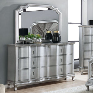 Aalok Silver Dresser & Mirror Set. Make your bedroom a modern sanctuary with this eye catching dresser and mirror. It features hidden drawer in the dresser, a glam look and cabriole legs. 