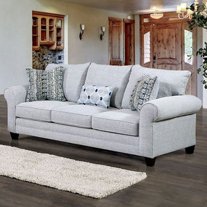 Aberporth Lawson Design Sofa in Gray- It features a box seat cushion, loose pillow back, rolled arms, pocket coil seating and tapered plastic legs.