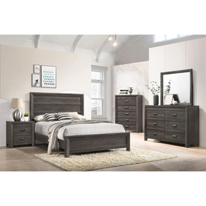 Adelaide 5-Piece Bedroom Set in Brown. These pieces feature rich finishes, clean lines, and metal hardware for homey yet modern designs. This set includes bed, nightstand, chest, dresser and mirror.