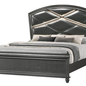 An elegant dark gray bed with upholstered headboard panels. Available in King or Queen size.