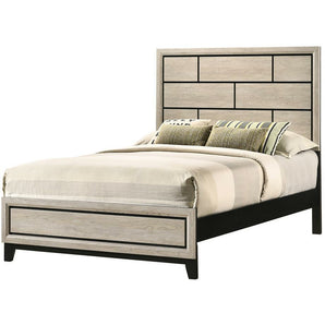 Akerson bed comes in a driftwood finish, clean lines, geometric tiled woods on the headboard. Simple and sleek. 