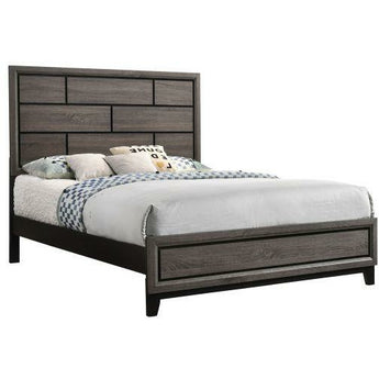 This Akerson queen bed comes in a gray finish, clean lines, geometric tiled woods on the headboard. Simple and sleek. 