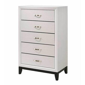 Akerson Chest has five spacious drawers, clean lines and finished in calming white. Chrome-colored hardware and a black base rail complete this low-key look.