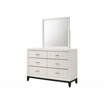 Akerson Dresser & Mirror has six spacious drawers, clean lines and finished in calming white.   Chrome-colored hardware and a black base rail complete this low-key look.