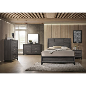 Akerson Bedroom Set in Gray Finish. Simple and clean bedroom collection. The bed and matching storage pieces feature sleek, contemporary lines and a relaxed wood finish. This set includes bed, nightstand, chest, dresser and mirror. Also available in Chalk  & Driftwoodfinish.