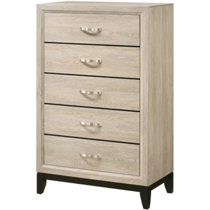 Akerson 5-drawer chest in driftwood finish. Sleek shape and modern recessed drawer design. Chrome-colored hardware and a black base rail.