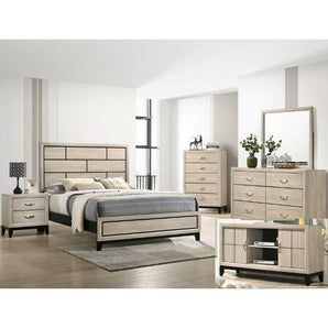 Akerson 5PC Bedroom Set in Driftwood Finish. Simple and clean bedroom collection.The bed and matching storage pieces feature sleek, contemporary lines and a relaxed wood finish. This set includes bed, nightstand, chest, dresser and mirror. Also available in Chalk finish.