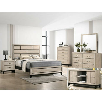 Akerson 5PC Bedroom Set in Driftwood Finish. Simple and clean bedroom collection.The bed and matching storage pieces feature sleek, contemporary lines and a relaxed wood finish. This set includes bed, nightstand, chest, dresser and mirror. Also available in Chalk finish.