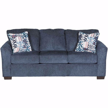 Allure Queen Sleeper Sofa in Navy Blue. This sofa is navy blue in color and comes with decorative throw pillows. Made from 100% polyester fabric. Made in America. Hardwood constructed frame. 