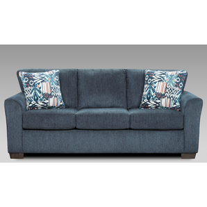 Allure Navy Sofa. This sofa is dark blue in color, has a simple silhouette with slightly flared rounded arms. Made from 100% polyester fabric. Includes two throw pillows. Made in America.