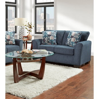 Allure Navy Loveseat. This loveseat has a simple silhouette with slightly flared, rounded arms, and navy chenille upholstery. Made from 100% polyester fabric. Includes two throw pillows. Made in America.