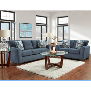 Allure Navy Sofa and Loveseat. This set is dark blue in color and comes with several decorative throw pillows. Made from 100% polyester fabric. Made in America.